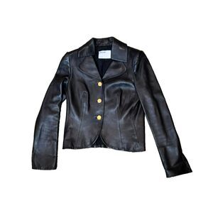 Pollini Women's Size 12 100% Sheepskin Leather Jacket Collared Buttoned‎ ITALY